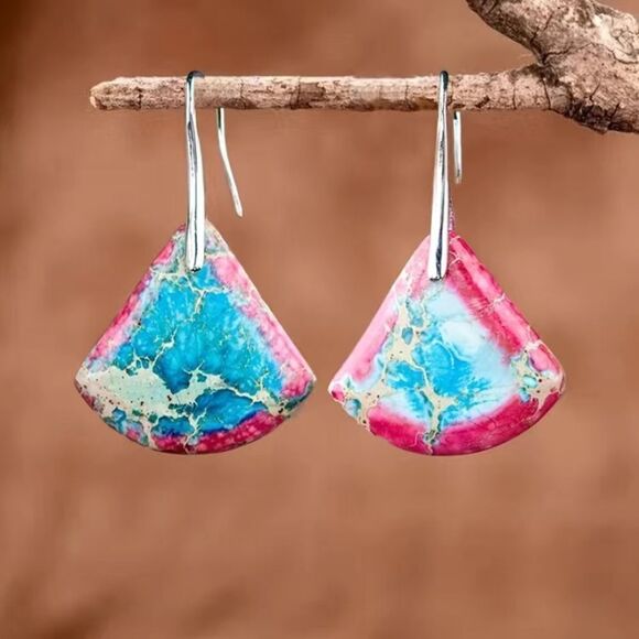 ✨🆕✨ BoHo Fan Shape S925 Plated Pink & Blue Natural Stone Dangle Earrings✨ - Picture 1 of 12